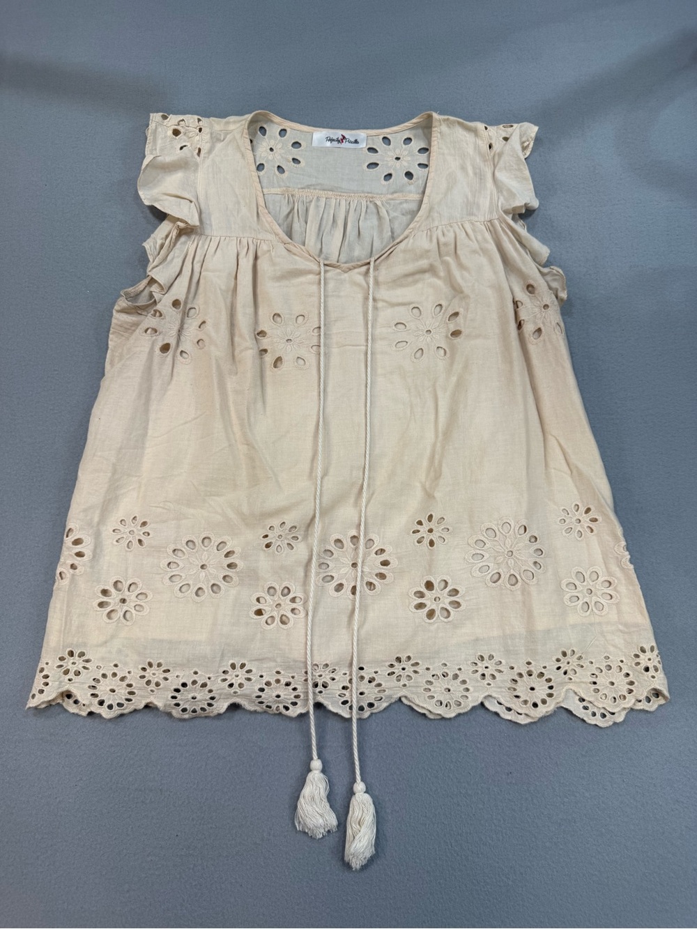 Perfectly Priscilla Eyelet Tassel Peasant Blouse - Cream 1XL
